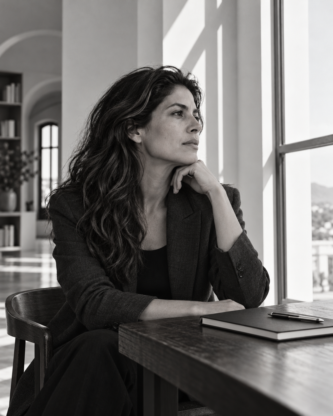 Escena editorial generada de una profesional reflexionando junto a una ventana; no representa a una consultante ni al consultorio